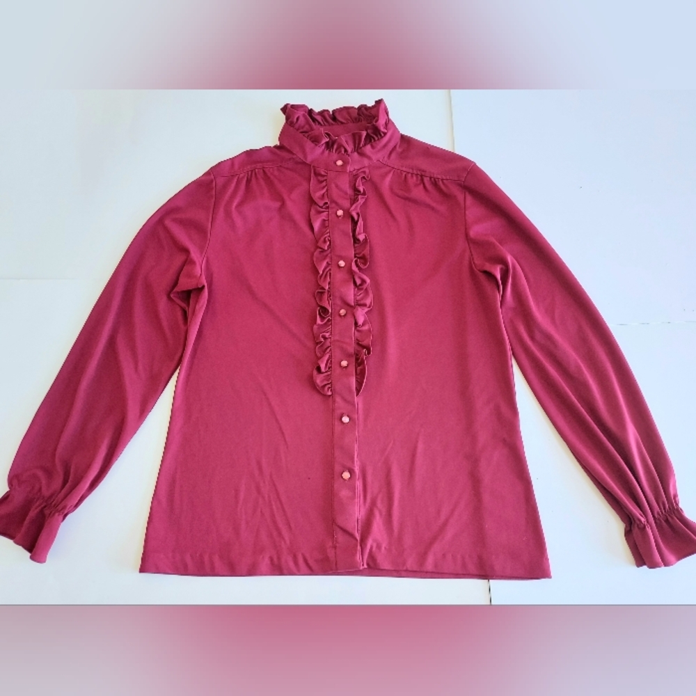 Vintage Retro 70's MARDI MODES Dark Red Polyester Blouse W/Ruffle Ladies 14